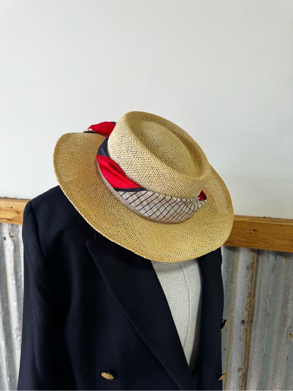 Vintage Straw Boater Hat - scarf/bands separate
